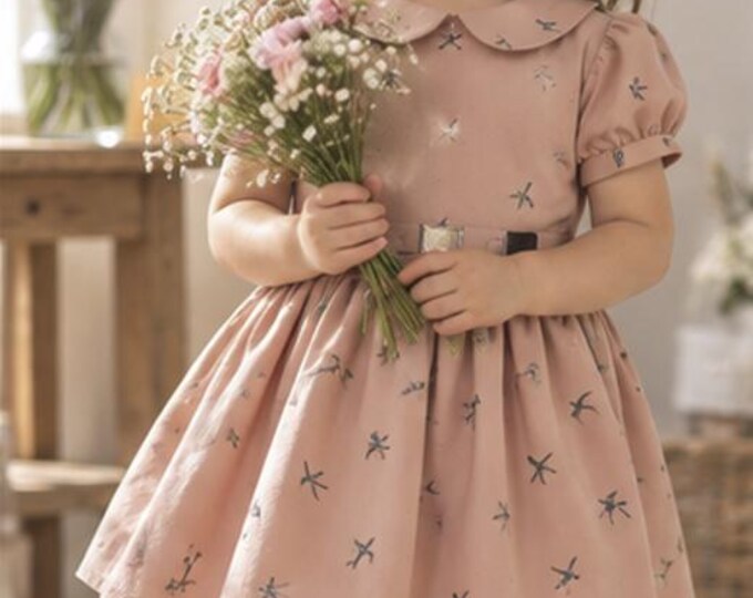 Robe fille 3 ans velours rose saumon hirondelles – Col Claudine – Manches ballon – Robe cérémonie – Fait main - Pièce unique