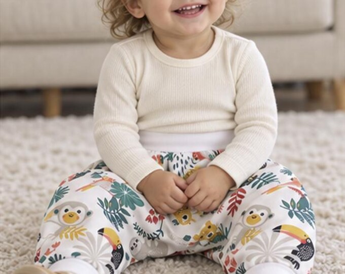 Sarouel Bébé 18/24 Mois - Coton Imprimé Tropical - Pantalon Évolutif Doublé - Confortable - Fait Main - Pièce Unique