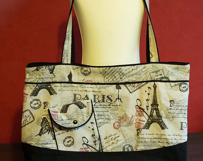 Large tote bag, handmade tote bag, New in PARIS patterned linen and cotton