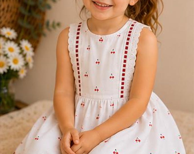 Robe Fillette 3/4 Ans Blanche à Cerises - Volants Superposés - Fait Main - Pièce Unique