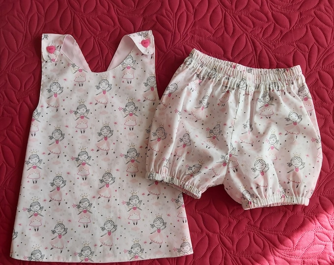 Pretty little apron and bloomer dress, 2/3 years old, pink prints on a white background, pink lined