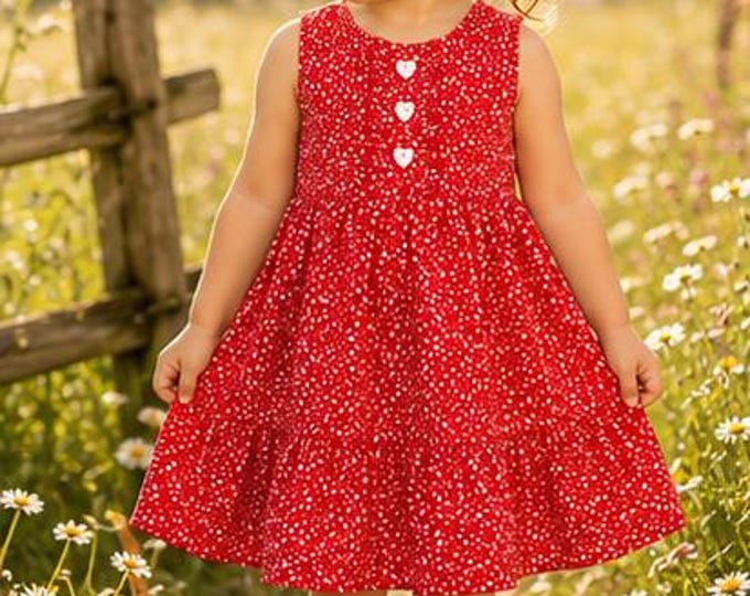 Robe Fille 4/6 Ans Rouge à Cœurs – Robe Été Fluide en Coton – Fait Main – Pièce Unique