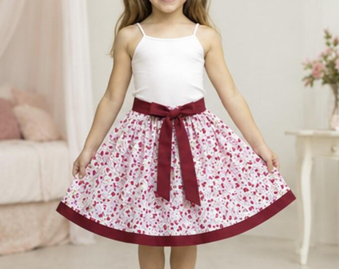 Jupe Fille 5 / 6 ans Ans Coton Blanc Imprimé - Ceinture Bordeaux - Jupe Été Élastique - Fait Main