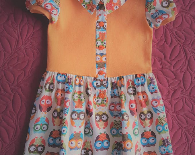 Robe fille 3/4 ans – robe hiboux & jersey orange – robe été enfant – fait main – pièce unique