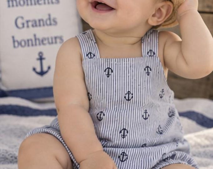 Barboteuse bébé 3/6 mois style marin – Rayures bleu et blanc & ancres – Bretelles croisées – Fait main – Pièce unique