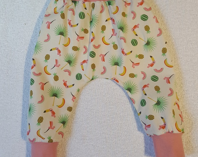 Cotton harem pants with tropical prints, lined for baby girls 18/24 months. READY TO SHIP
