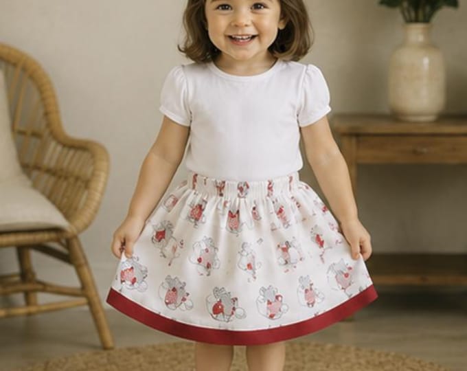 Pretty little gray and red mouse skirt on a white background for babies, children, girls 2/3 years old. Ready to ship