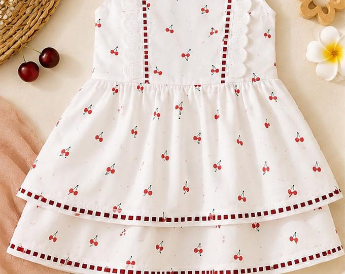 Robe Fillette 3/4 Ans Blanche à Cerises - Volants Superposés - Fait Main - Pièce Unique