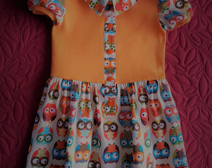 Pretty 3/4 year old girl's dress in owl fabric and orange jersey, unique model. Ready to ship