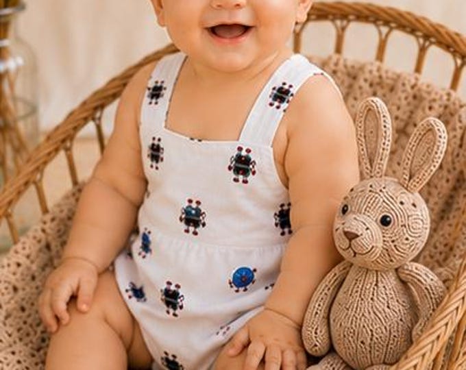 Barboteuse Bébé 6/9 Mois - Coton Blanc Imprimé - Tenue Été Légère - Confortable - Fait Main - Pièce Unique