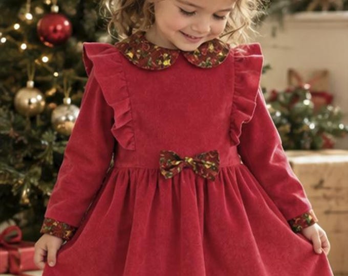 Robe cérémonie fille 3 ans en velours rouge – Col Claudine – Robe de fête – Fait main – Pièce unique