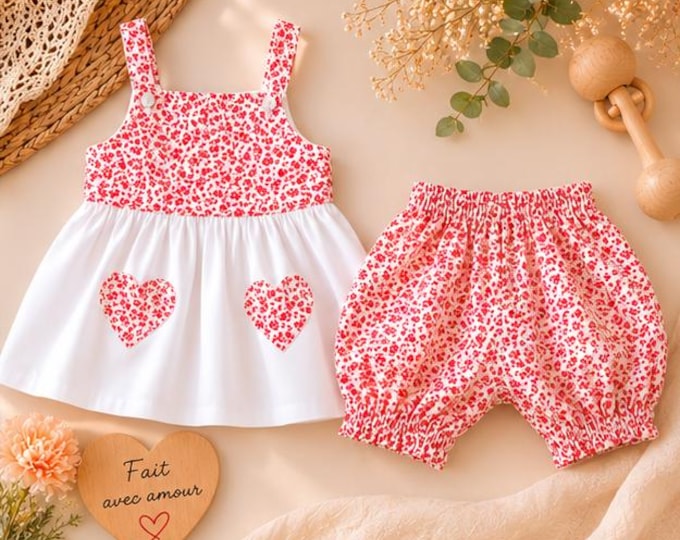 Ensemble bébé fille 18/24 mois – robe tunique & bloomer fleuri – tenue été – fait main – pièce unique