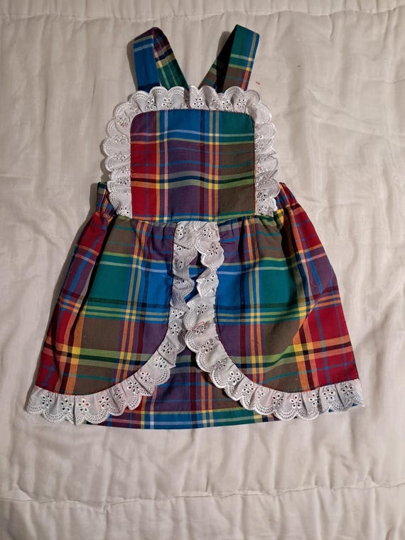 Gonna con bavaglino 18/24 mesi in madras e ricamo inglese vedi