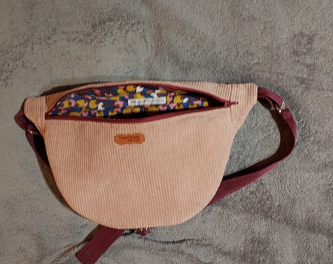 1 Salmon pink velvet fanny pack with burgundy closure and strap