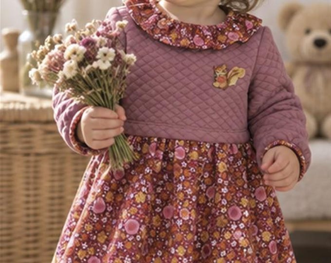 Robe bébé fille 18/24 mois – robe jersey matelassé & coton fleuri Oeko-Tex – fait main – pièce unique