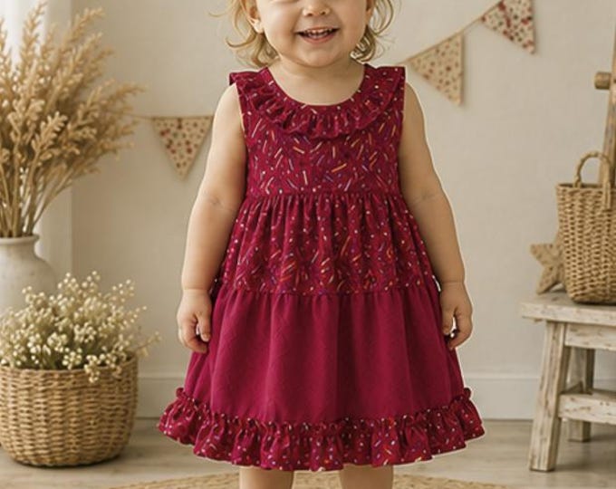 Robe Bébé Fille 18/24 Mois Rouge & Multicolore – Robe Été Sans Manches – Fait Main – Pièce Unique