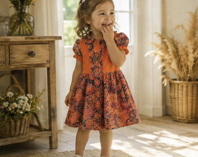 Robe Fille 3/4 Ans - Esprit Automne Coloré - Haut Jersey - Robe Originale - Fait Main - Pièce Unique