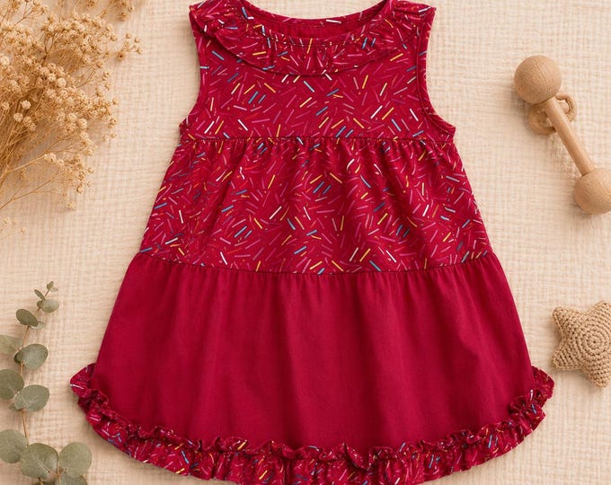 Robe Bébé Fille 18/24 Mois Rouge & Multicolore – Robe Été Sans Manches – Fait Main – Pièce Unique