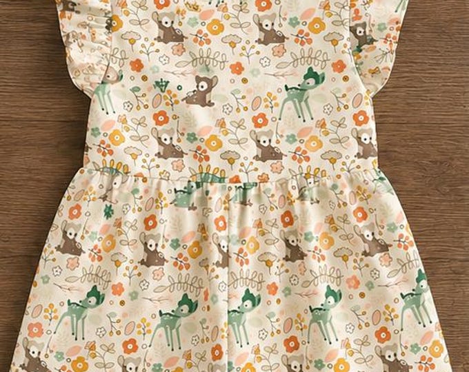 Combishort Bébé Fille 18-24 Mois Coton Imprimé Biches et Fleurs Tenue Été Fait Main Pièce Unique