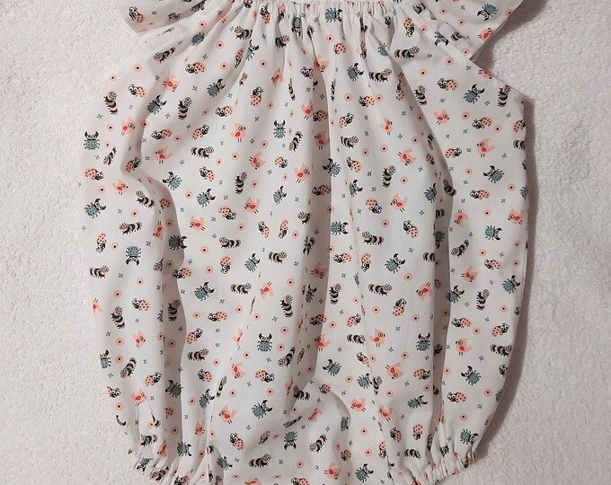 Pretty little girl's romper white background with little ladybugs, rooster etc. For baby girls 18/24 months. Ready to ship