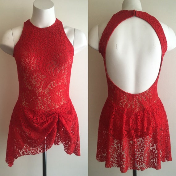 COMPETITION ICE DANCE FIGURE SKATING DRESS Salsa Tango Red w Crystals Adult L 