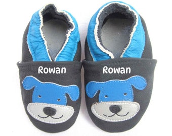 Blue Dog baby shoes on Navy leather with contrasting blue banding around the back.  Infant crib shoes, Toddler shoes, first walkers.