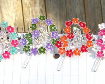 Enameled Flower Hair Barrettes for Little Princesses - Sparkling Crystals and Glitter - Nickel Free - 1.5 inches