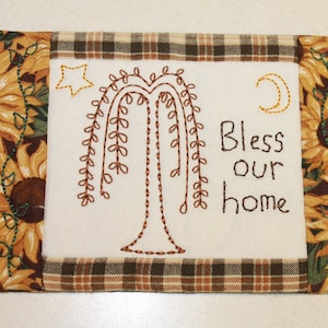 Mug Rug, Coaster, Coffee Mug Rug, Embroidered gift, handmade, Coffee Lover, Home, Christian, gift, Bless Our Home, New Home, birthday,