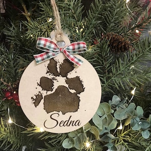 Laser engraved paw print Christmas ornament with name