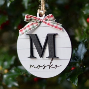 Farmhouse Inspired Christmas Ornament; Laser cut and engraved; monogram