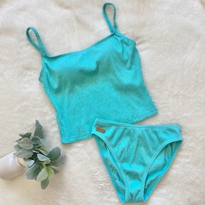 Speedo Vintage 90s Turquoise Blue Ribbed two Piece Swimsuit NEW Deadstock Longline Tankini set Spaghetti Straps Summer Beach Pool