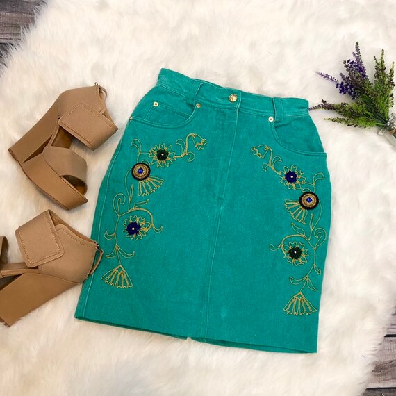 Vintage 80s Mondi Denim Jean Skirt ~ Beaded/ Embro