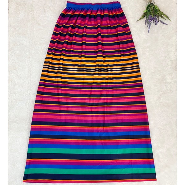 Vintage Colorful Striped A Line Maxi Skirt ~ Vibrant Boho Festival Lightweight Summer Casual