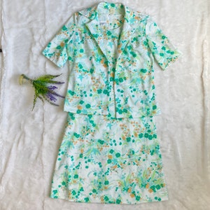 Vintage Bright Spring Floral Sheath Dress & Jacket Set White and Green Mod GoGo 70s Style image 3