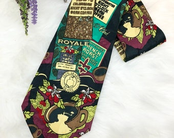 Vintage Eight o Clock Coffee 100% Silk Necktie ~ 1995 Limited Edition / Novelty Print Teacher Kitsch Funky 90s Style