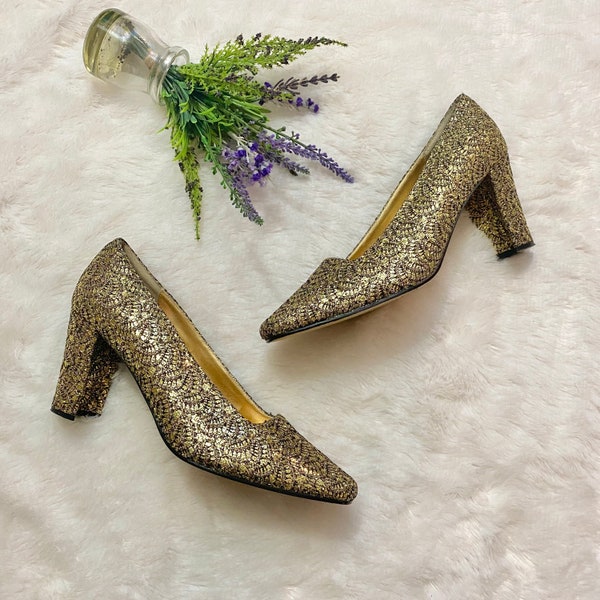 Vintage 90s Gold Glitter Chunky Heels Classic Pumps by “Apostrophe” ~ Brocade Shimmer Sparkle Holiday Cocktail Party Night Out