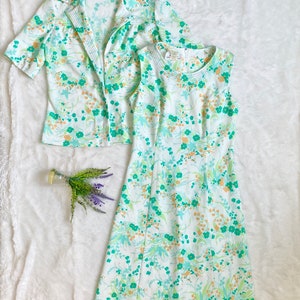 Vintage Bright Spring Floral Sheath Dress & Jacket Set White and Green Mod GoGo 70s Style image 1