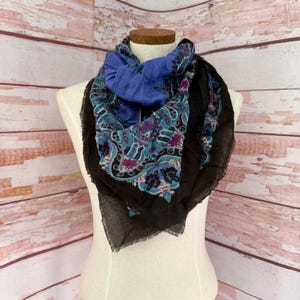 Vintage Glentex Black & Blue Paisley Scarf ~ Semi Sheer Lightweight Boho Bohemian 80s Retro Square Style