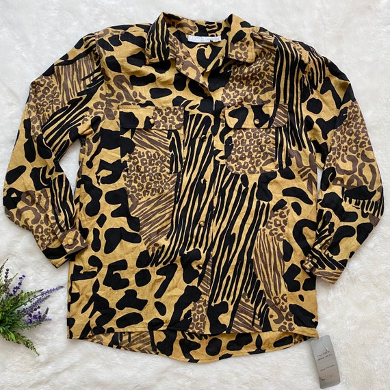 トップス 80's 90's Vintage Leopard Shirts Leopard Print Blouse 90s Semi-sheer Animal Print Button up