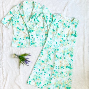 Vintage Bright Spring Floral Sheath Dress & Jacket Set White and Green Mod GoGo 70s Style image 2