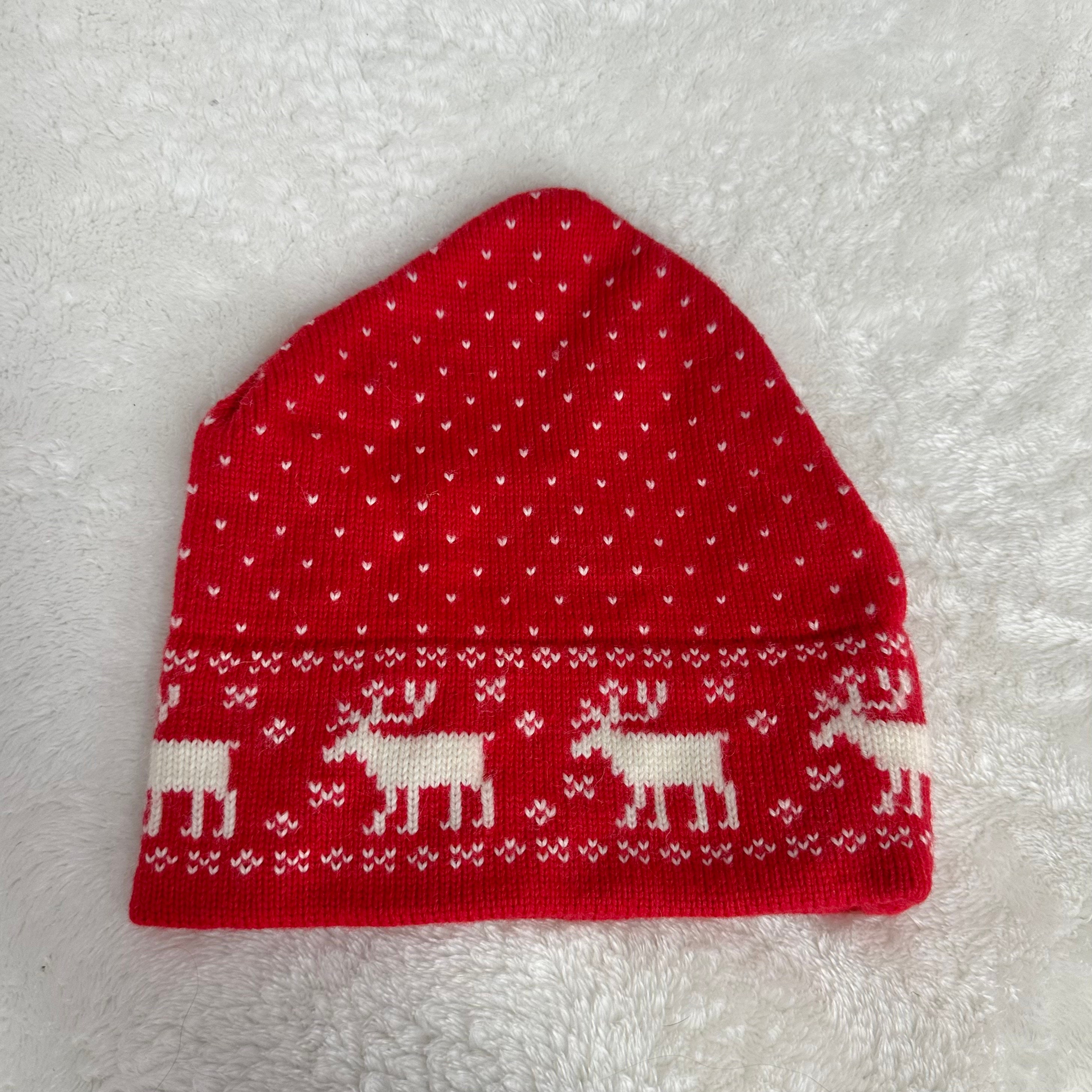 Vintage 80s 90s Fair Isle Knit Wool Hat Red & White Moose  display picture 1