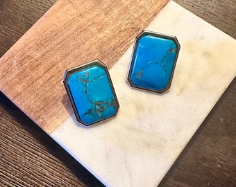 Vintage Turquoise Resin Cabachon Stud Earrings ~ 80s 90s Blue Stone Southwestern Large Post Style