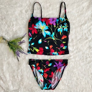 Vintage 90s Black Multicolor Floral two Piece Swimsuit by Newport News NEW Deadstock Tankini set Spaghetti Straps Summer Beach Pool