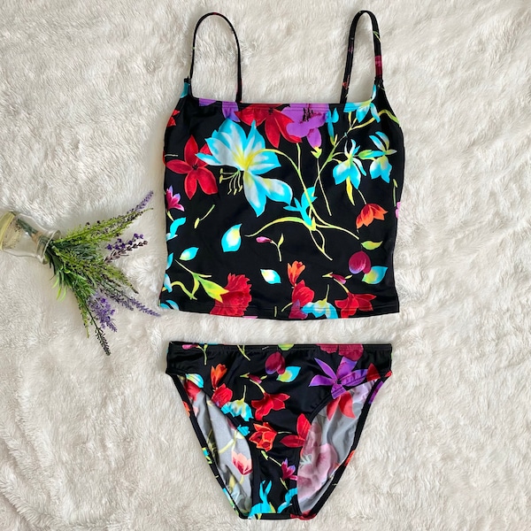 Vintage 90s Black Multicolor Floral two Piece Swimsuit by Newport News NEW Deadstock Tankini set Spaghetti Straps Summer Beach Pool