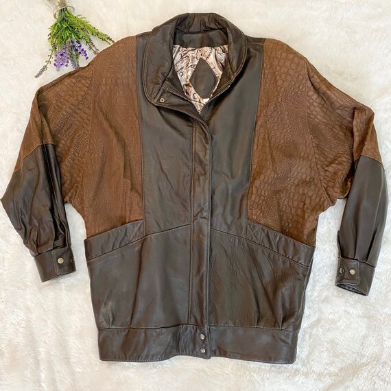 Vintage 80s Brown Croc Embossed Leather Jacket ~ Streetwear Casual  