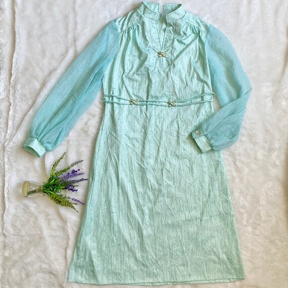 Vintage sheer sleeve shift dress sea glass green … - image 1