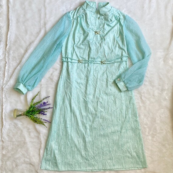 Vintage sheer sleeve shift dress sea glass green & White high neckline tie waist 60s 70s Vintage sheer sleeve shift dress sea glass green & White high neckline tie waist 60s 70s