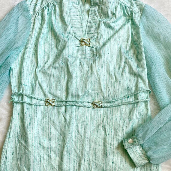 Vintage sheer sleeve shift dress sea glass green … - image 3