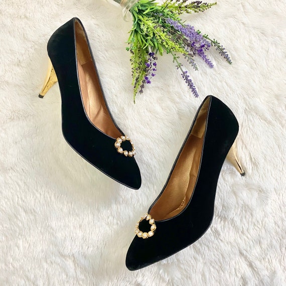 Vintage 90s Bruno Magli Black Velvet Classic Pump… - image 1