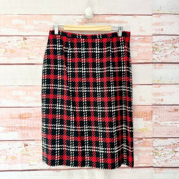 Vintage 90s Multicolor Plaid Pencil Skirt by JH Collectibles~ Modest Classic Preppy Secretary Style Funky Playful black red & white mod